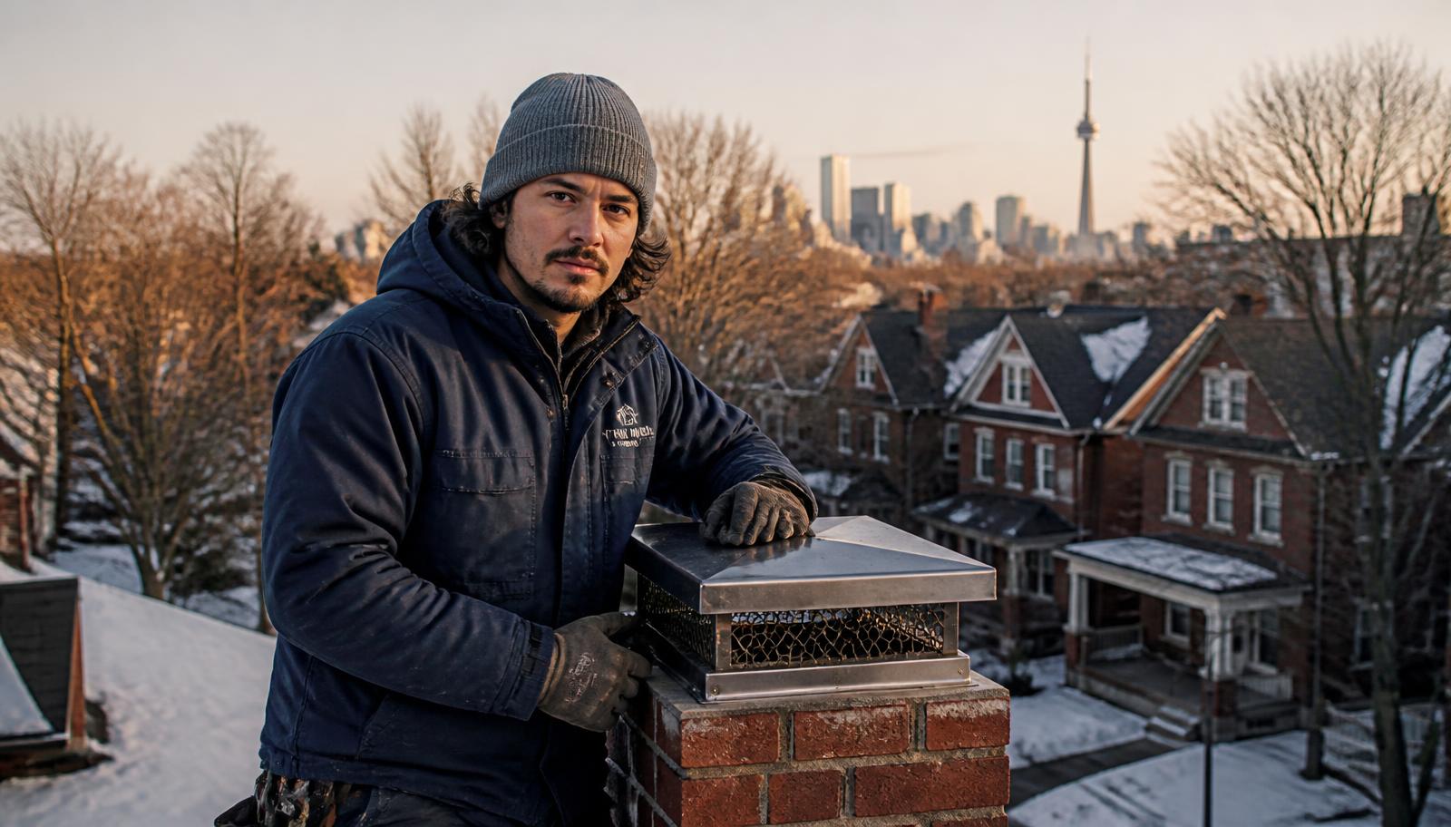 WETT-certified Toronto Chimney Fireplace technician installing a stainless chimney cap on a snowy Toronto rooftop with the downtown skyline behind him